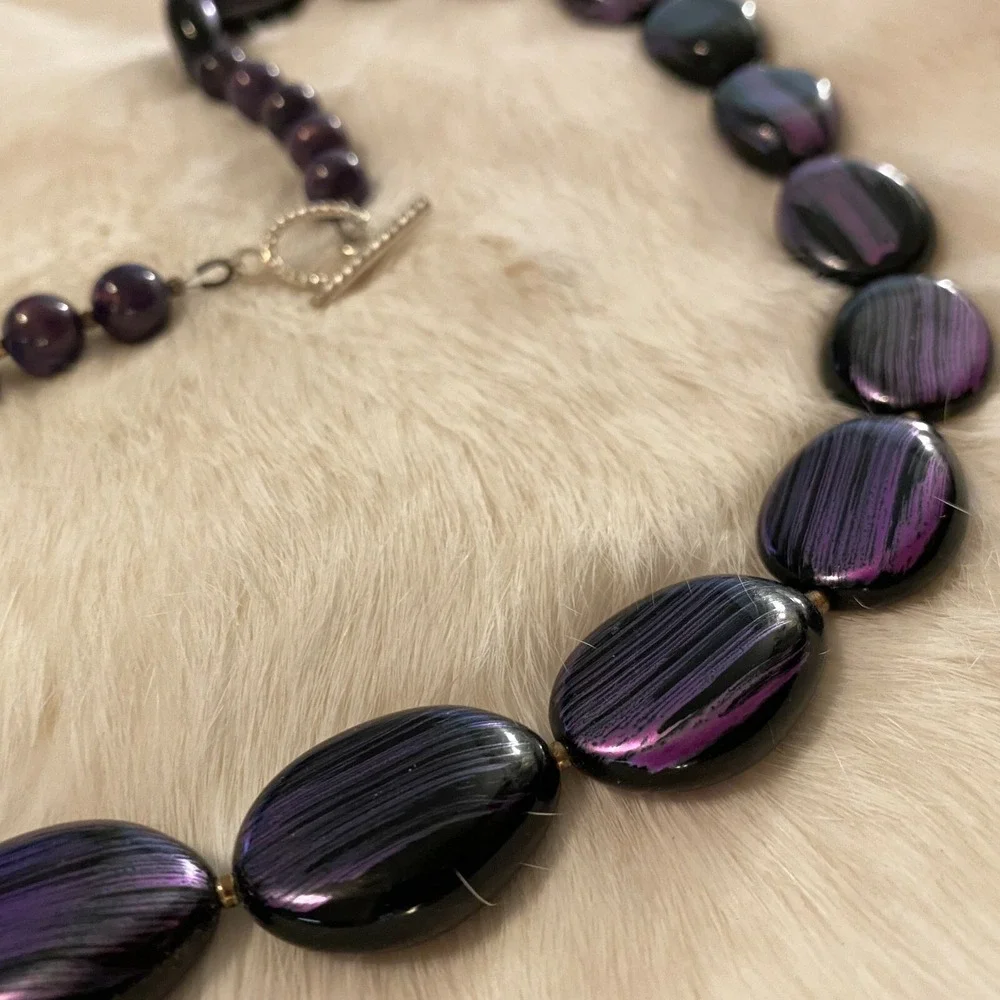 Retro Metallic Purple Necklace Painted Black Beads Y2K Disco Fairy Boho 4785
